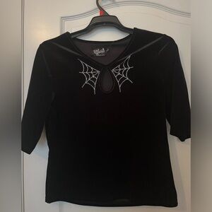 Fabulous Hell Bunny Sparkling Spiderweb black velvet 3/4 sleeve stretch top L
